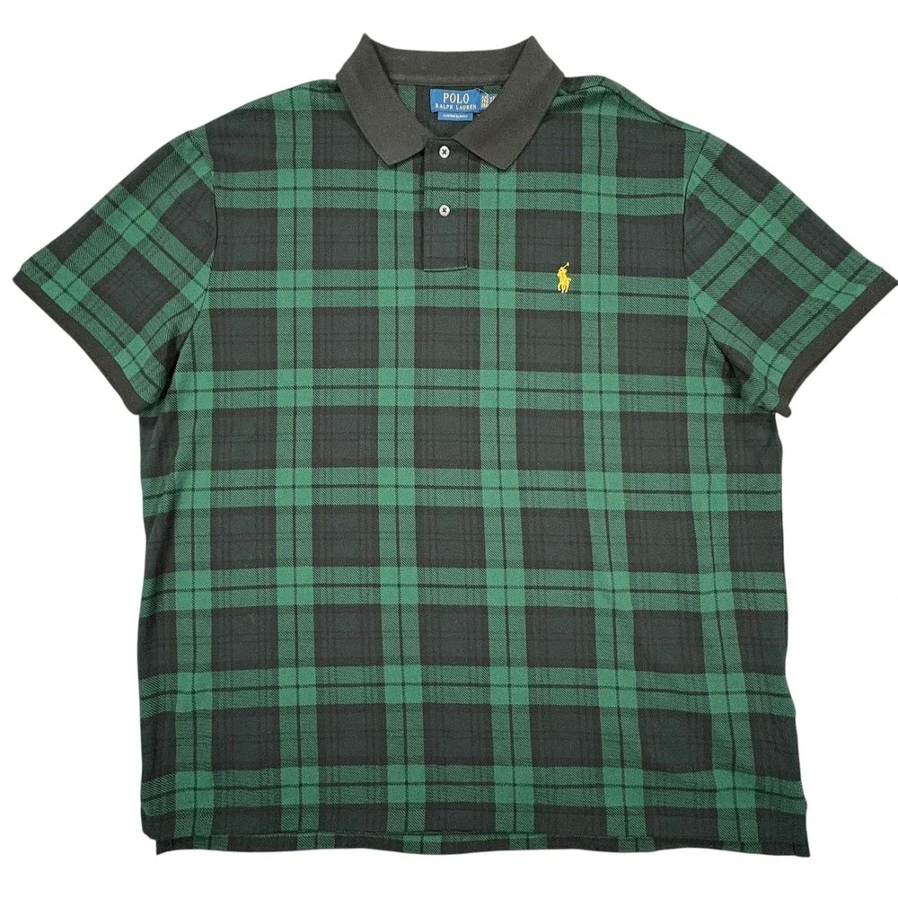 Polo Ralph Lauren Polo Shirt Mens XXL Green Black Plaid Tartan Slim Fit Pony NWT